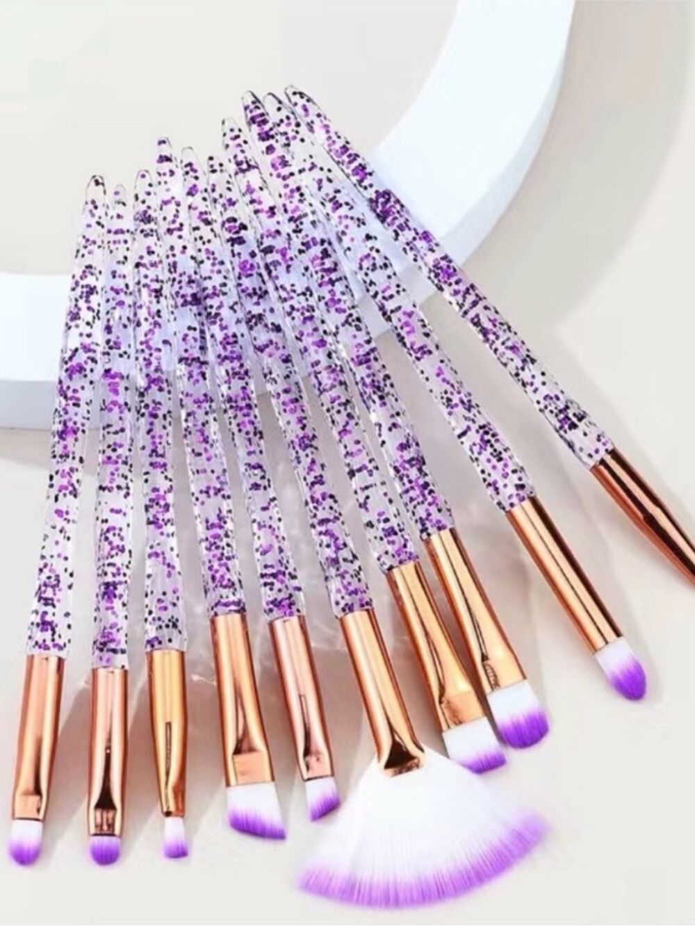Purple Glitter Handle Makeup Brush Set of 10 New